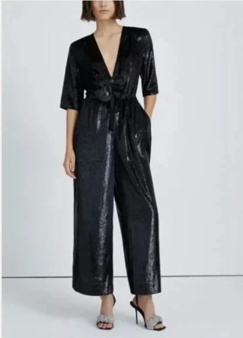 7 For All Mankind Deep V Wide Leg Jumpsuit Black Shine Flower S New Years Party